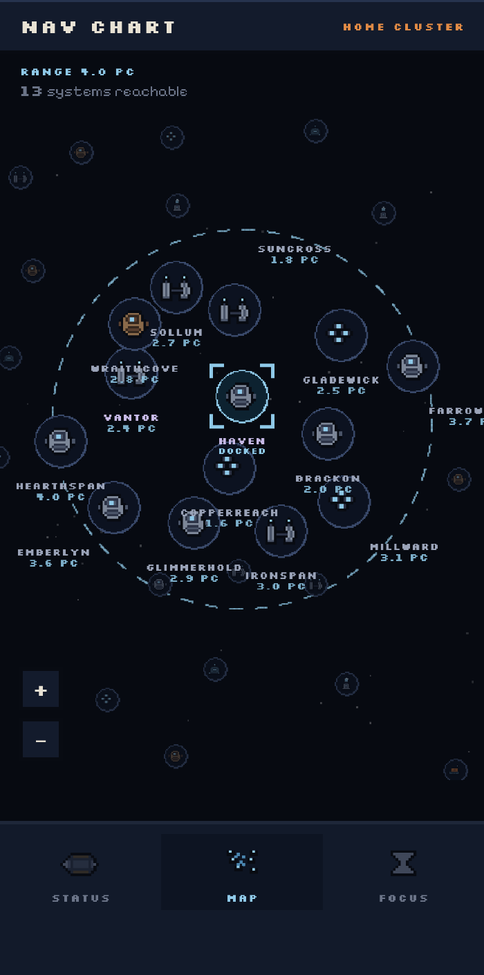 Haven Run nav chart showing a 36-system galaxy map with fuel range and station tags