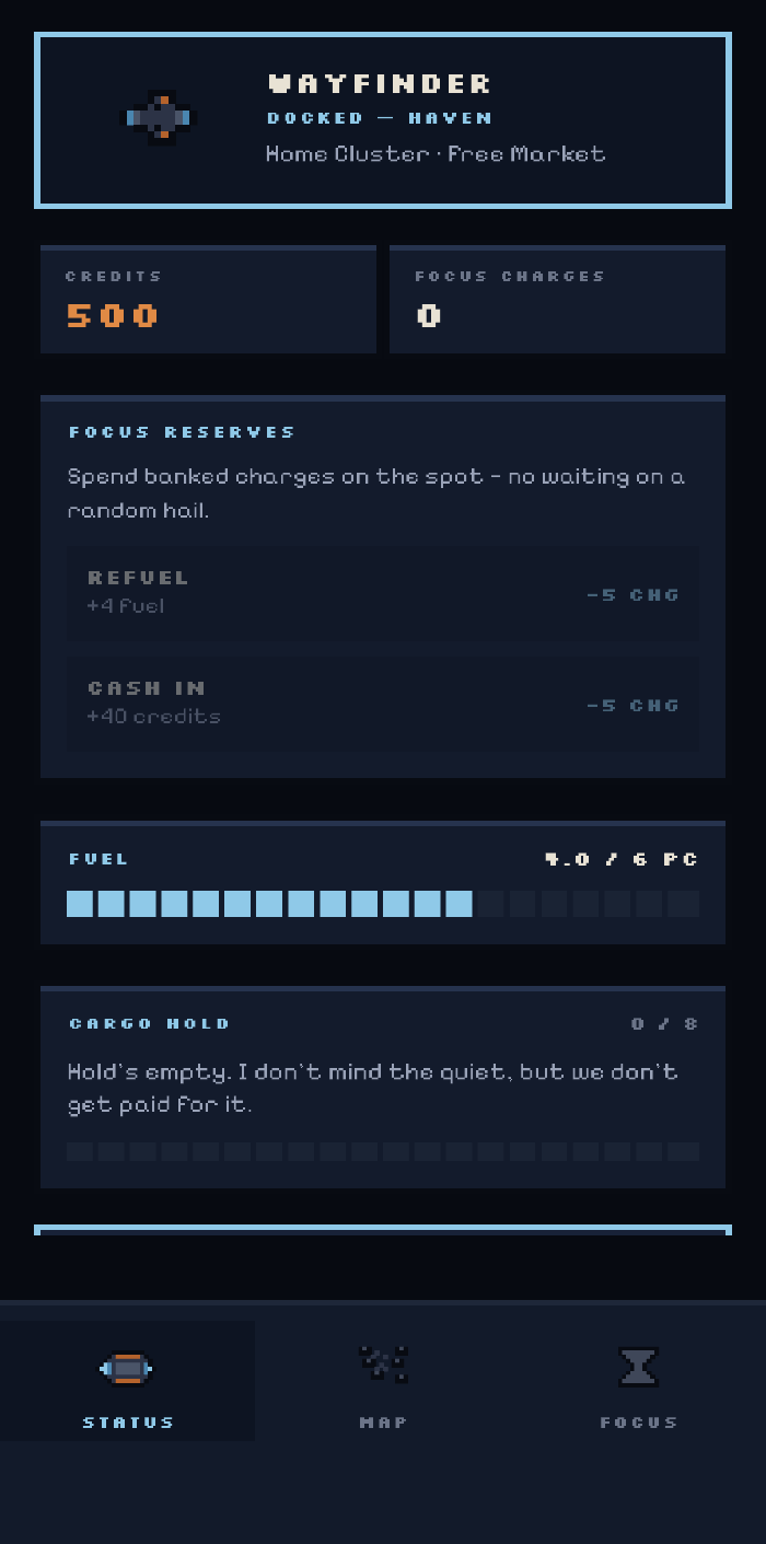 Haven Run status screen showing the ship, credits, focus charges, fuel, and cargo hold